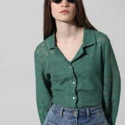 Only Green Cotton Self Design Shirt-image-95