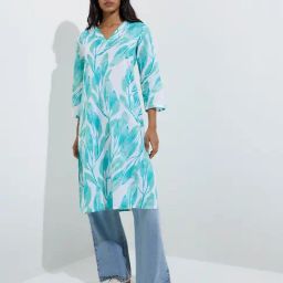 Utsa by Westside Aqua Botanical-Inspired Cotton Straight Kurta-93