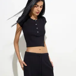 Superstar by Westside Black Ribbed-Textured Cotton Crop Top-image-45
