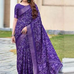 Satrani Purple Silk Printed Saree With Unstitched Blouse-image-12