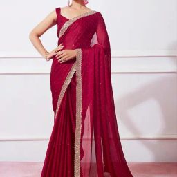 Satrani Red Embellished Saree With Unstitched Blouse-image-75