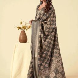 Satrani Cedar Brown Silk Printed Saree With Unstitched Blouse-image-41