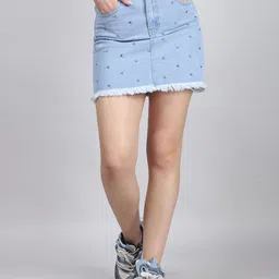 SWISHIN Straight Above Knee Skirt With Rhinestone Studded Raw Hem-picture-12