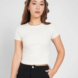 People By Pantaloons White Cotton Slim Fit Crop T-Shirt-17