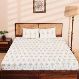 Fabindia Standalone Blue Cotton Printed 180 TC King Bedsheet with 2 Pillow Covers-picture-18