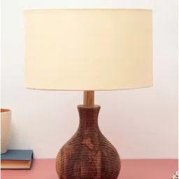 Unravel India Brown Matka Ribbed Sheesham Wood Table Lamp With Shade-picture-30