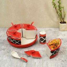 Unravel India Red & Black Umrao Jaan Ceramic Handpainted 10Pc Pickel Jar & Salt-Pepper Set-36