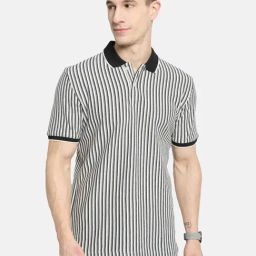 Octave White & Black Cotton Regular Fit Striped Polo T-Shirt-image-79