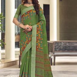 Satrani Green Cotton Printed Saree With Unstitched Blouse-image-35