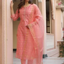 HETVI CREATION Woven Design Chanderi Silk Kurta With Trousers & Dupatta image 4