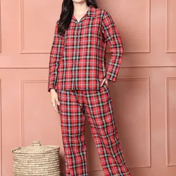 Secret Wish Womens Cotton Red Checkered Flannel Night Suit-picture-6