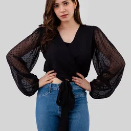 PRETTY LOVING THING Self Design Bishop Sleeves Chiffon Wrap Crop Top-image-6