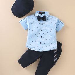 Robo Fry Cotton Lycra Full Sleeves Anchor Printed Party Shirt & Trouser Set with Bow Cap & Suspender - Sky Blue-image-61