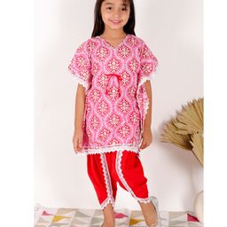 Superminis Half Sleeves Floarl Moroccan Design Printed & Lace Embellished Kaftan Style Kurta & Dhoti Set - Pink-image-80