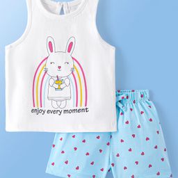 Doodle Poodle 100% Cotton Sleeveless Bunny Print Night Suit -Bright White & Blue Tint-image-102