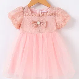 Kookie Kids Half Sleeves Party Frock with Floral Lace & Bow Detailing  - Pink-picture-5