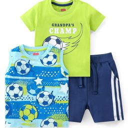 Babyhug Cotton Knit Half Sleeves Soccer Printed T-Shirt with Shorts Set - Green & Navy Blue-image-5