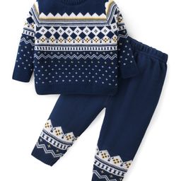 Babyhug Knit Full Sleeves Sweater Set with Aztec Design -Navy Blue-image-52
