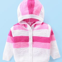 Babyhug Knitted Full Sleeves Front Open Hooded Sweater with Stripes Design - Pink-image-18