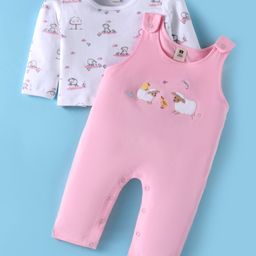 ToffyHouse Interlock Knit Full Sleeves T-Shirt & Dungaree Style Romper With Animal Print & Patch Detailing - Pink-image-80