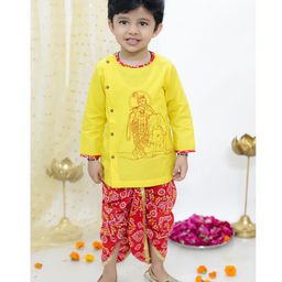 KID1 Janmastami Theme Cotton Full Sleeves Krishna Embroidered Kurta With Bandhani Printed & Lace Detailed Dhoti Set - Yellow & Red-picture-33