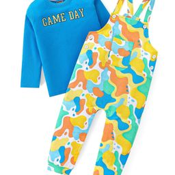Babyhug Single Jersey Knit Full Sleeves T-Shirt & Dungaree with Text & Abstract Print - Blue-image-22