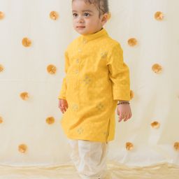 Tiber Taber Cotton Full Sleeves Floral Embroidered Dhoti Kurta Set - Yellow-image-74
