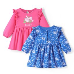 Doodle Poodle Cotton Knit Full Peasant Sleeves Floral Printed Frocks with Frill Detailing Pack of 2 - Dark Pink & Blue-image-23