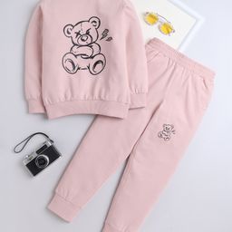 Aww Hunnie Cotton Terry Full Sleeves Teddy Bear Printed Sweatshirt With Coordinating Joggers Set - Peach-image-10