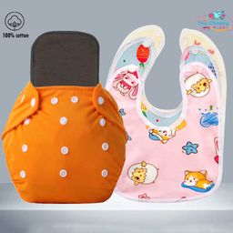 The Cheeky Kidzz Baby Essential Reusable Cotton Cloth Diaper With Bamboo Charcoal Insert With 3 Feeding Bib (Ornge)-14