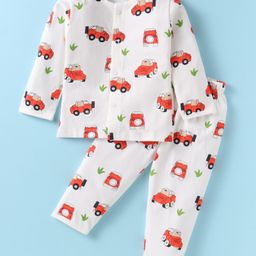 Doreme Single Jersey Knit Full Sleeves Car Printed Night Suit - White-picture-5