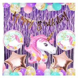 Bubble Trouble rosegold blue pink white happy birthday Unicorn Theme Party decoration Supplies Combo 52Pcs Foil Balloon Unicorn Balloon Star curtain For Girls Birthday Party Decoration-13