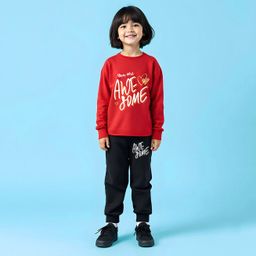 Trampoline Full Sleeves You Are Awesome Text Printed Tee & Track Pant Set - Red & Black-image-22