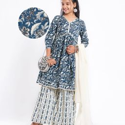 Pine Kids Viscose Woven Three Fourth Sleeves Floral Printed Kurta & Gharara Set with Dupatta - Navy Blue-image-45