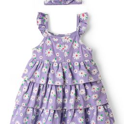 Babyhug Cotton Knit Sleeveless Frock With Floral Print & Headband - Lilac-image-65
