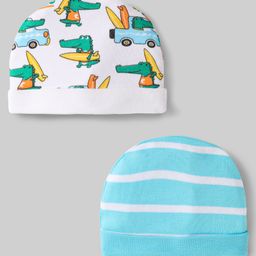 Babyhug 100% Cotton Interlock Knit Caps With Vehicle & Stripes Print Pack Of 2 Light Blue & White - Diameter 17.5 cm-image-86