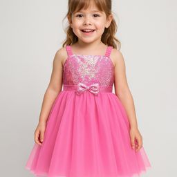 Babyhug Woven Sleeveless Mesh Party Dress With Sequinned Yoke & Bow Applique - Pink-picture-12