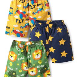 Babyhug Cotton Woven Above Knee Length Boxer With Aeroplane Stars & Animal Print Pack Of 3 - Yellow Navy Blue & Green-image-80