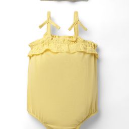 Babyhug 100% Cotton Knit Sleeveless Solid Color Onesie and Hairband with Frill Detailing - Yellow-picture-21
