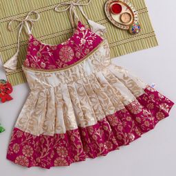 Many frocks & Blended Woven Sleeveless Floral Foil Printed Banarasi Lace Embellished Dress - Cream & Pink-image-89