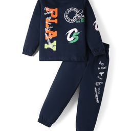 Olio Kids Looper Knit Full Sleeves Winter Wear Suits Set with Play Text Print - Navy Blue-image-48
