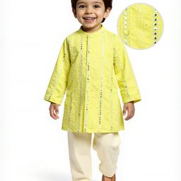 Babyhug Woven Full Sleeves Kurta Pajama Set with Embroided Mirror Work - Yellow-picture-26