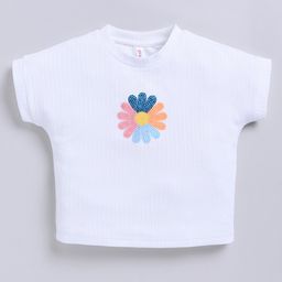 giniekids Knit Half Sleeves Sequins Embellished Floral Designed Top - White-image-16