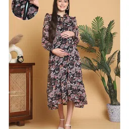 Moms Maternity Georgette Woven Three Fourth Sleeves Floral Printed Maternity Dress With Side Seam Nursing Access - Black-picture-1