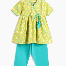 Campana 100% Cotton Woven Half Sleeves Floral Printed Kurti Pant Set - Lime & Turquoise-picture-0