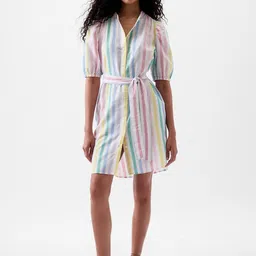GAP Linen-Cotton Striped Puff Sleeve Shirt Dress-image-7