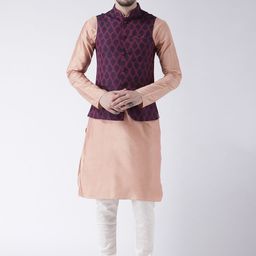 KISAH Men Peach & Purple Solid Banarasi Kurta with Churidar & Nehru Jacket-picture-38