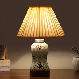 Devansh Off White Printed Wooden Frustum Shaped Table Lamp With Mosaic Glass Base-1