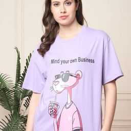 Metronaut Women Pink Panther Graphic Printed Round Neck Cotton Oversized T-shirt-image-22