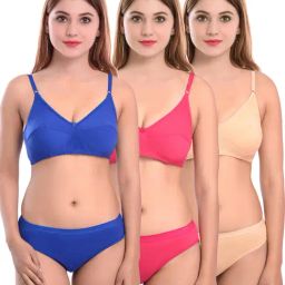 AROUSY Pink & Blue Cotton Bra Panty Set - Pack Of 3-image-101